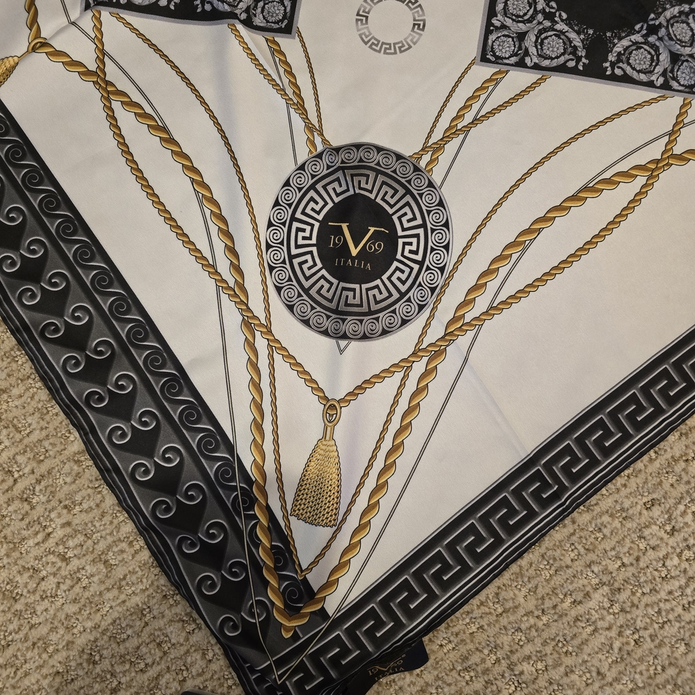 Square Polyester-Style Scarf in White, Black & Gold - Picture 2 of 3